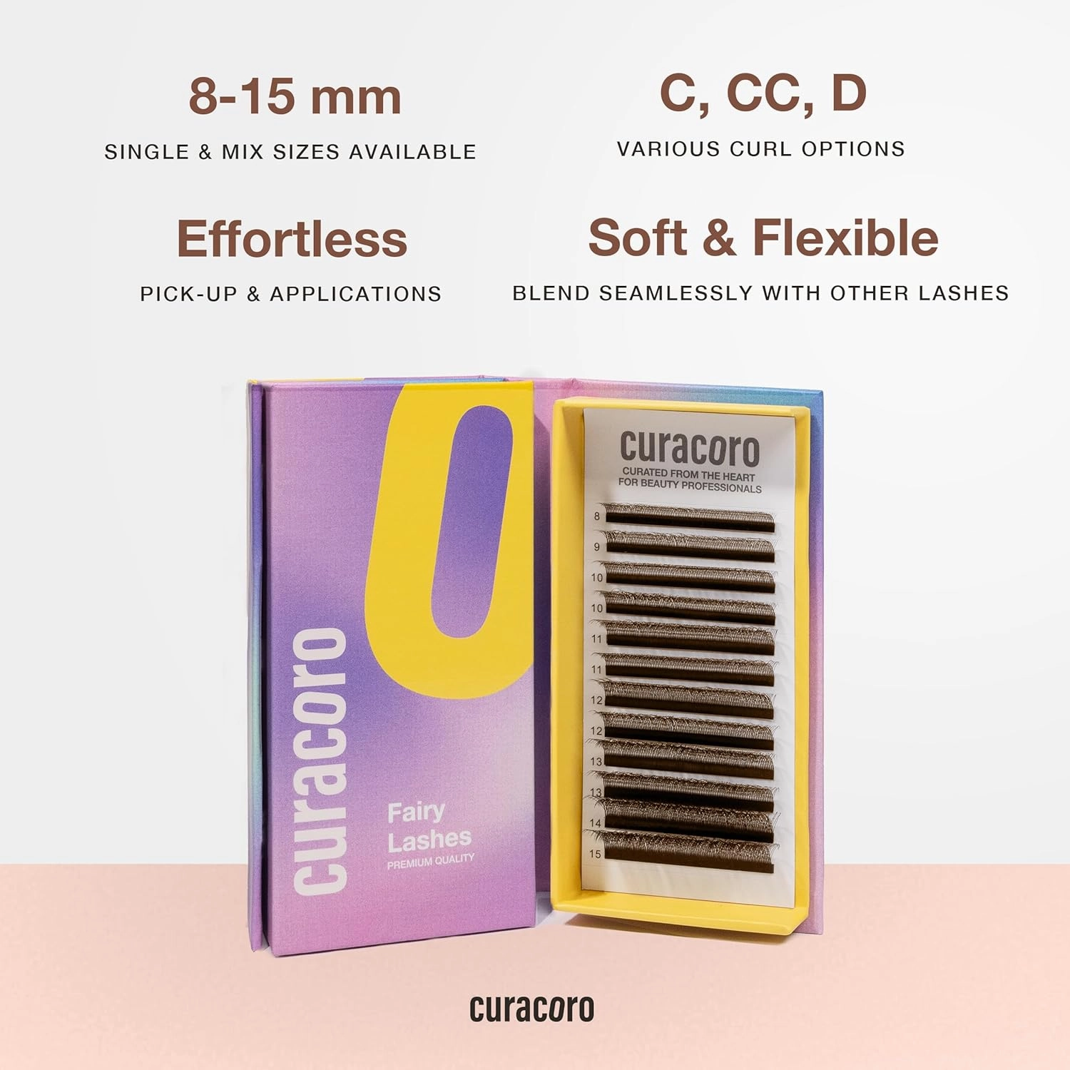 Curacoro Brown Fairy Volume Lash Extensions 3D, 0.07mm Thickness, C CC D Curl, 8-15mm Length Mixed Tray, Premium Brown Individual Eyelashes Tray, Professional Supplies Use
