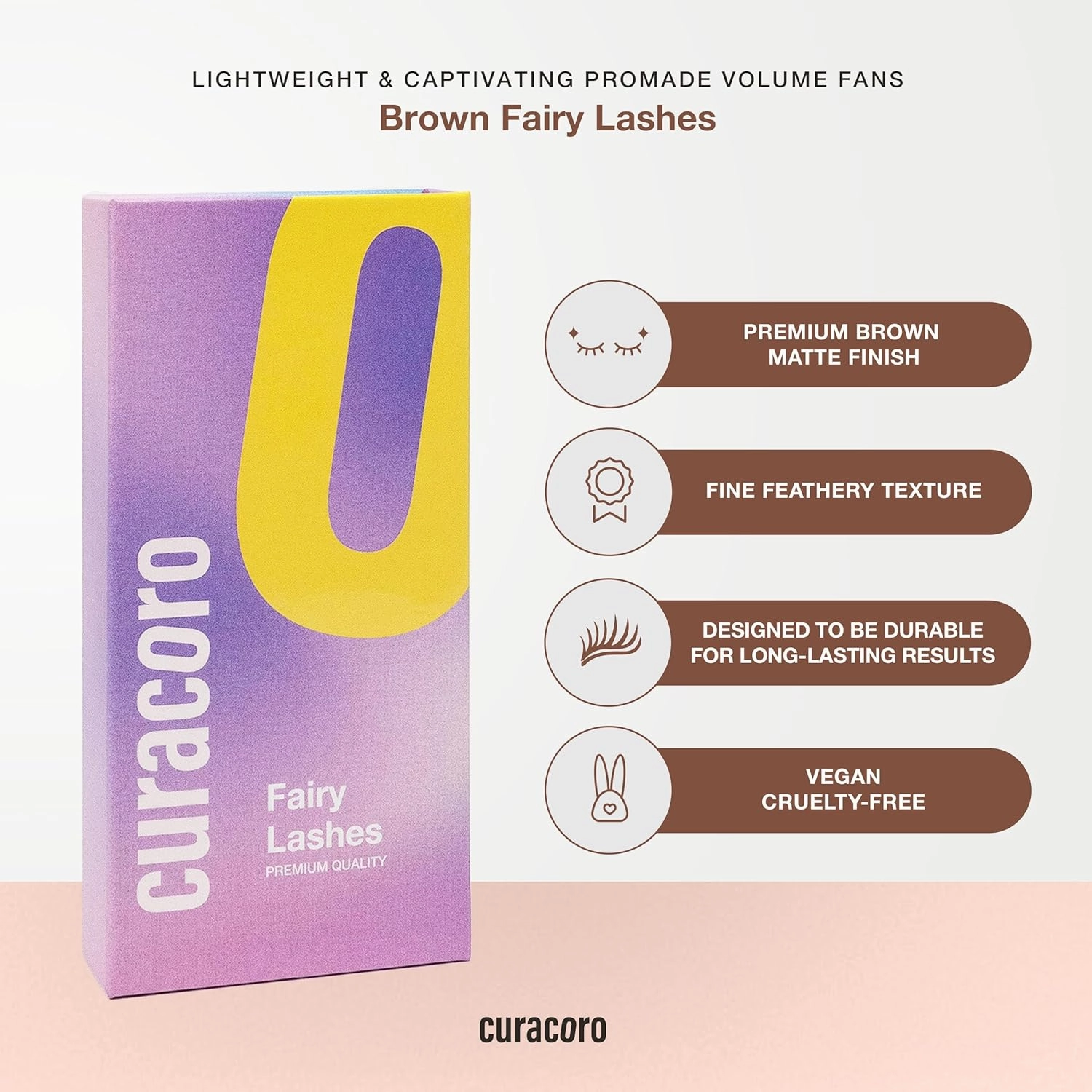 Curacoro Brown Fairy Volume Lash Extensions 3D, 0.07mm Thickness, C CC D Curl, 8-15mm Length Mixed Tray, Premium Brown Individual Eyelashes Tray, Professional Supplies Use