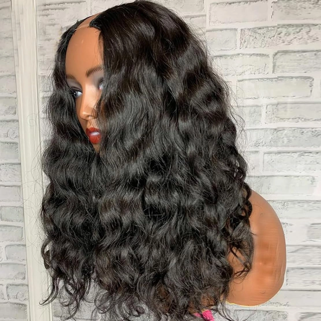 Curly V Part Wigs For Black Women Water Wave Blend Human Hair Synthetic U Part Wig Glueless Full Head Clip In Half Wig V Shape Wigs No Leave Out No Sew In 200% Density (NATURAL COLOR 2.0, 24 Inch)