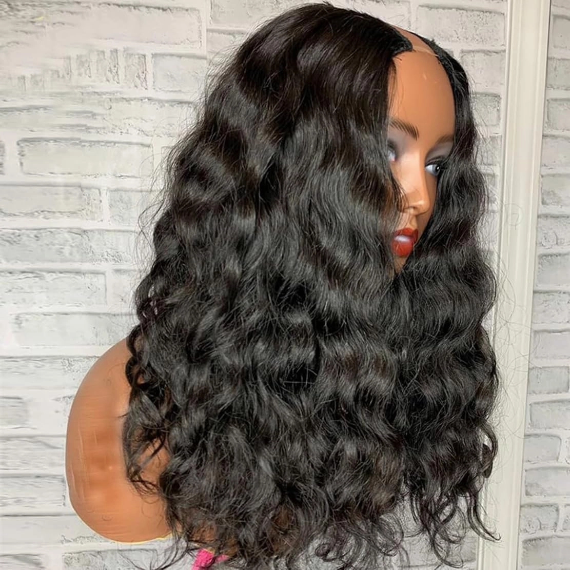 Curly V Part Wigs For Black Women Water Wave Blend Human Hair Synthetic U Part Wig Glueless Full Head Clip In Half Wig V Shape Wigs No Leave Out No Sew In 200% Density (NATURAL COLOR 2.0, 24 Inch)