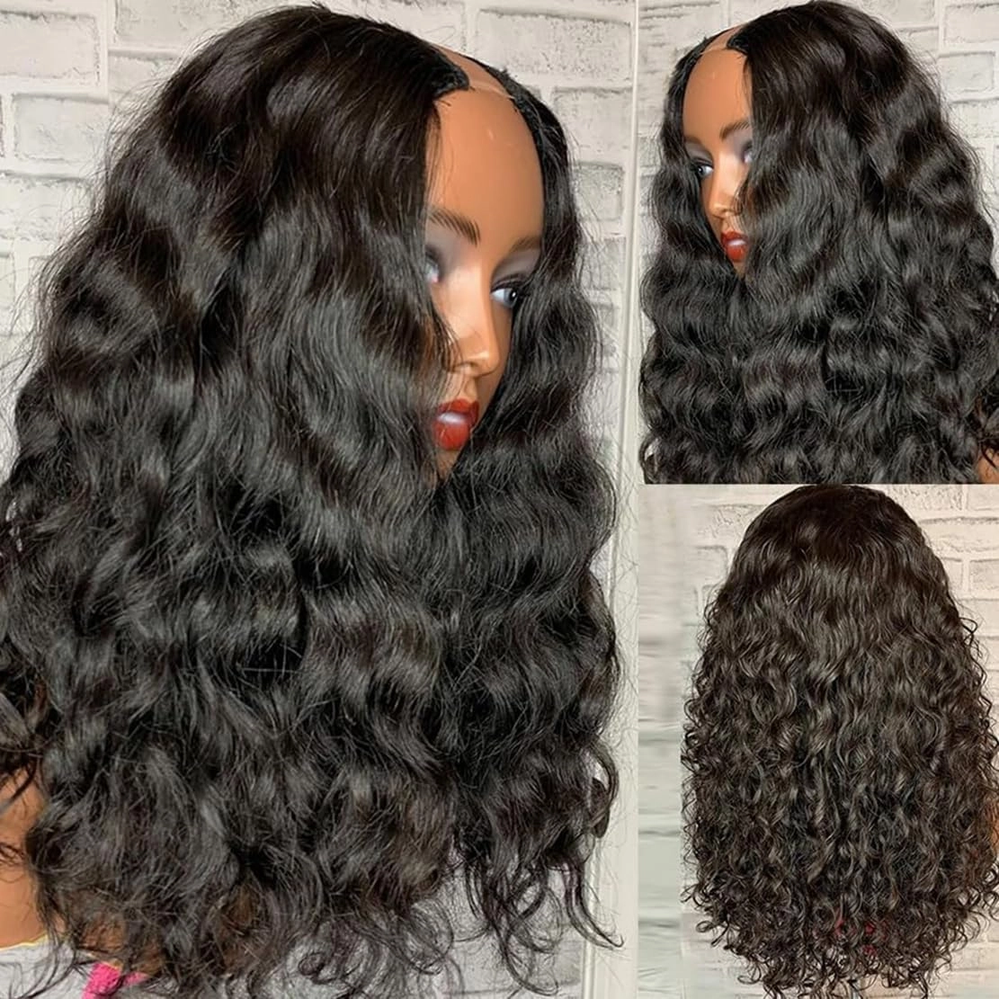 Curly V Part Wigs For Black Women Water Wave Blend Human Hair Synthetic U Part Wig Glueless Full Head Clip In Half Wig V Shape Wigs No Leave Out No Sew In 200% Density (NATURAL COLOR 2.0, 24 Inch)