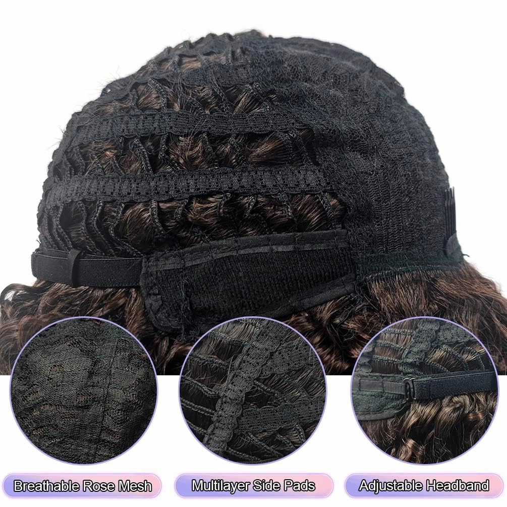 Curly Wigs for Women, 14 Inches Soft Curly Afro Wigs With Bangs, Synthetic Ombre Brown Curly Wigs, Curly Full Wig for Women(2T33)