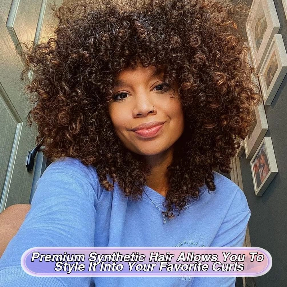 Curly Wigs for Women, 14 Inches Soft Curly Afro Wigs With Bangs, Synthetic Ombre Brown Curly Wigs, Curly Full Wig for Women(2T33)