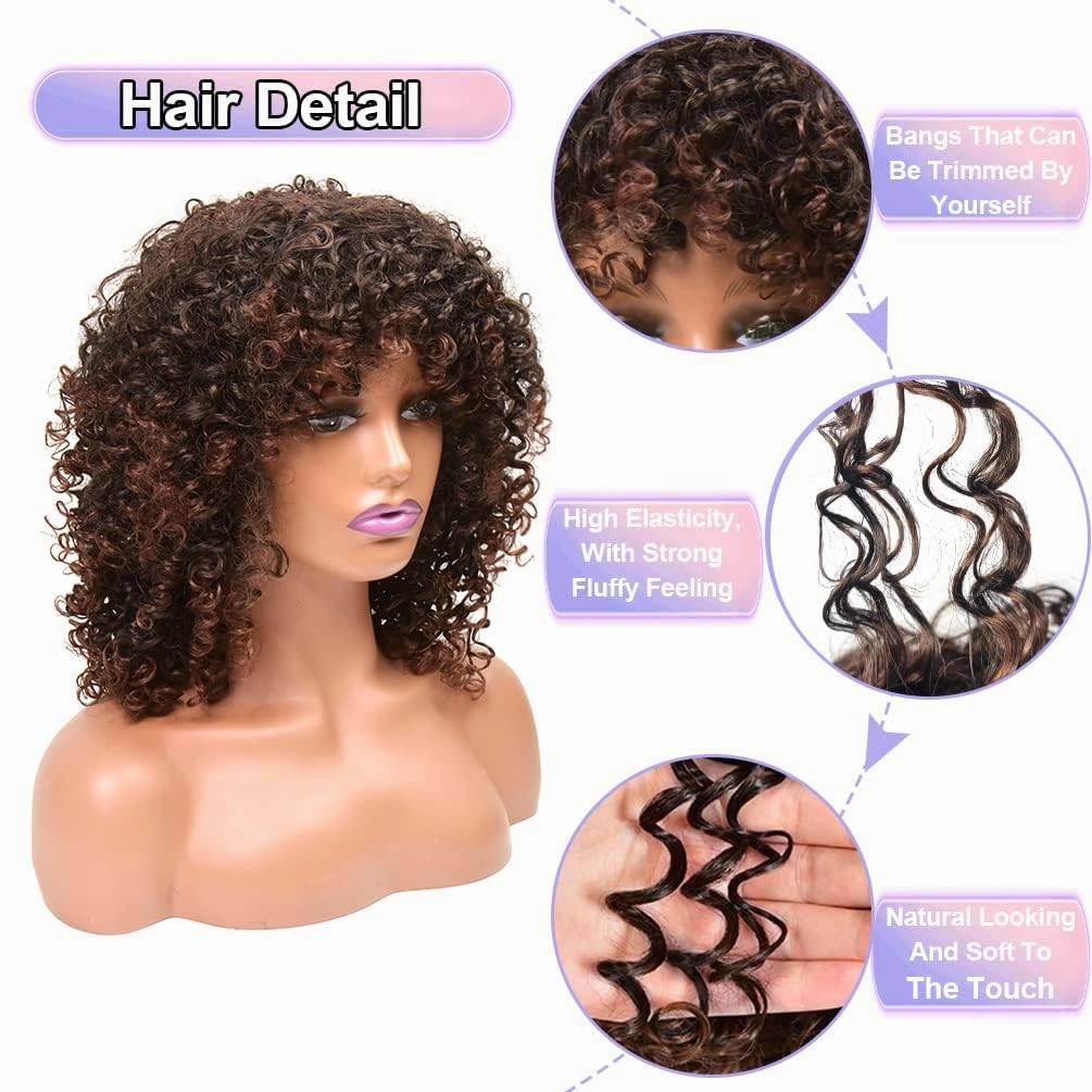 Curly Wigs for Women, 14 Inches Soft Curly Afro Wigs With Bangs, Synthetic Ombre Brown Curly Wigs, Curly Full Wig for Women(2T33)
