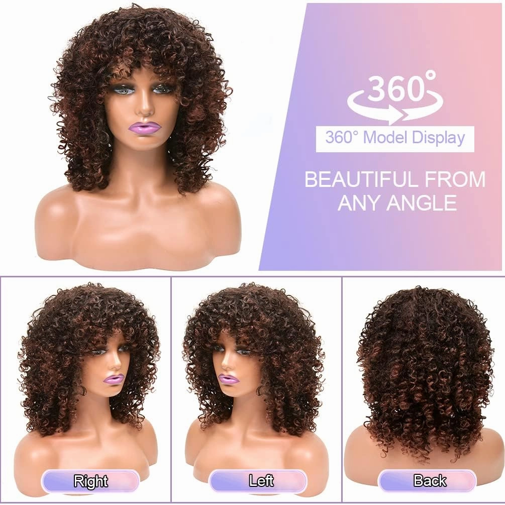 Curly Wigs for Women, 14 Inches Soft Curly Afro Wigs With Bangs, Synthetic Ombre Brown Curly Wigs, Curly Full Wig for Women(2T33)