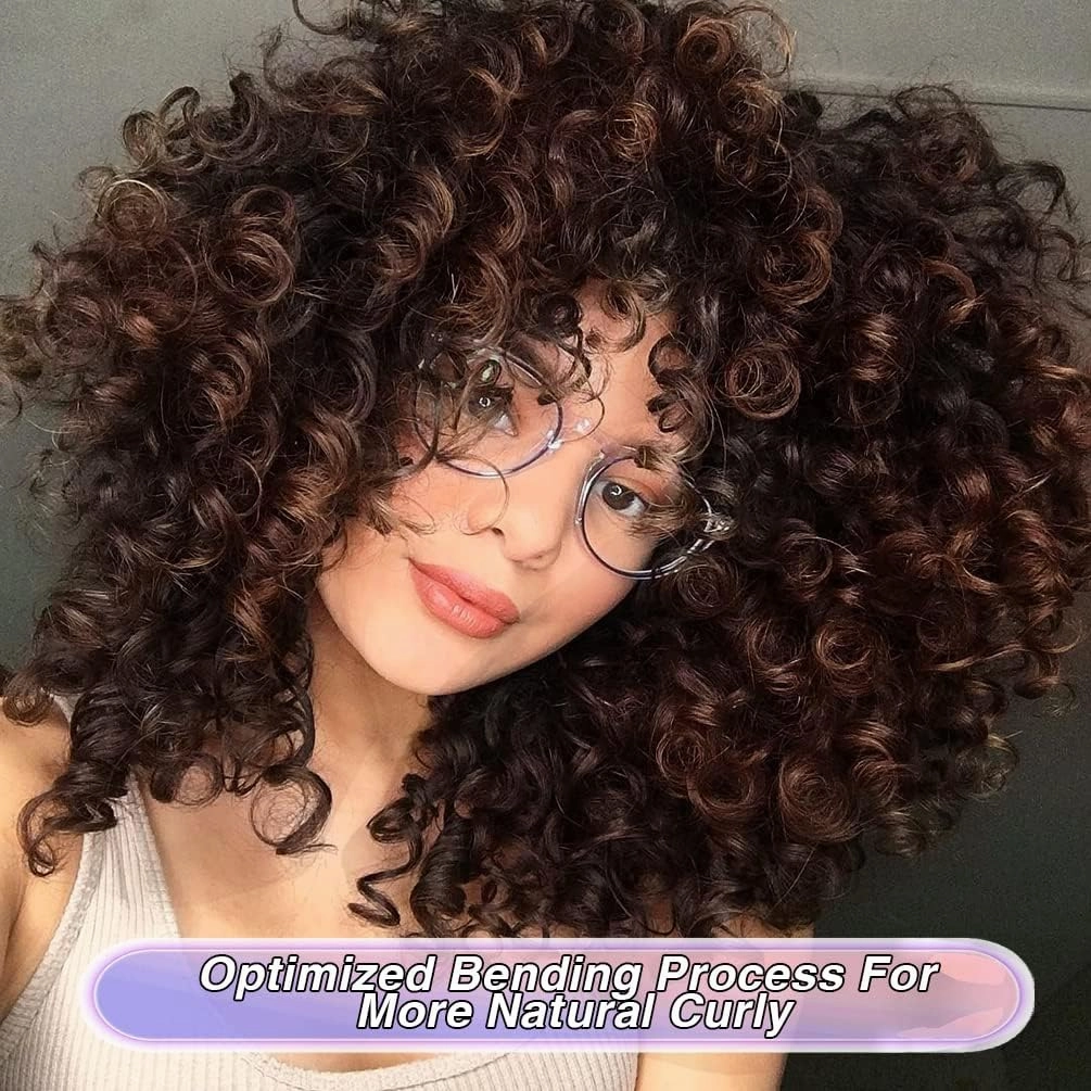 Curly Wigs for Women, 14 Inches Soft Curly Afro Wigs With Bangs, Synthetic Ombre Brown Curly Wigs, Curly Full Wig for Women(2T33)