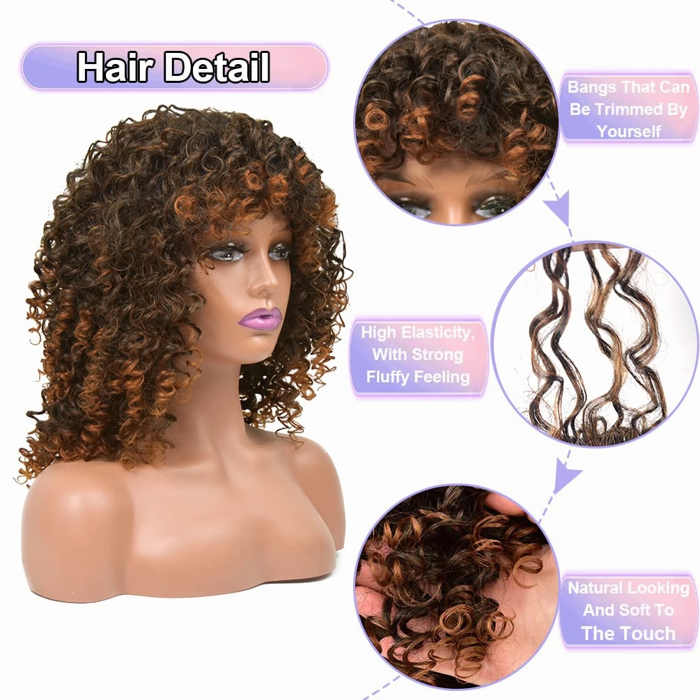 Curly Wigs for Women, 14 Inches Soft Curly Afro Wigs With Bangs, Synthetic Ombre Brown Curly Wigs, Curly Full Wig for Women (T2/30 Ombre Brown)