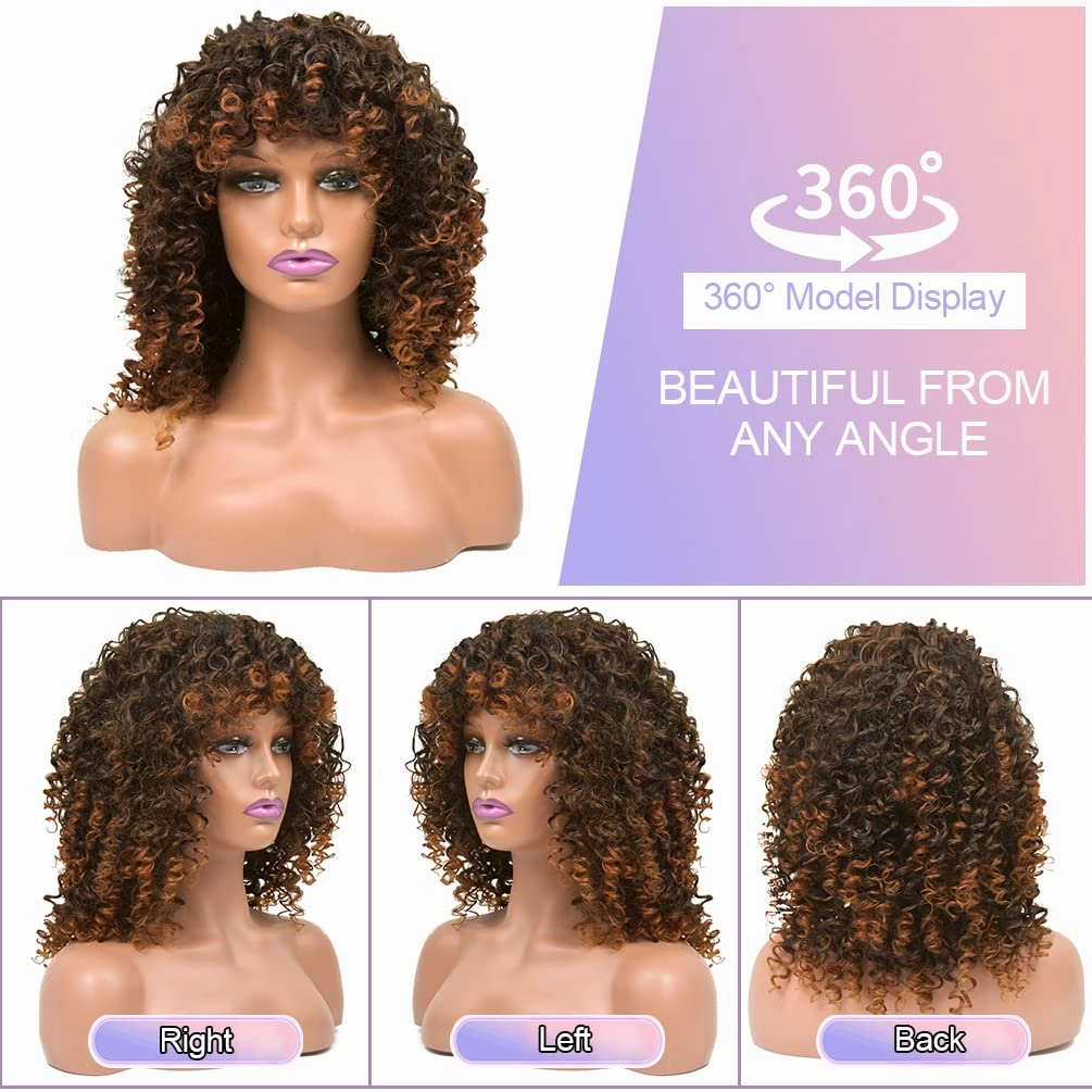 Curly Wigs for Women, 14 Inches Soft Curly Afro Wigs With Bangs, Synthetic Ombre Brown Curly Wigs, Curly Full Wig for Women (T2/30 Ombre Brown)