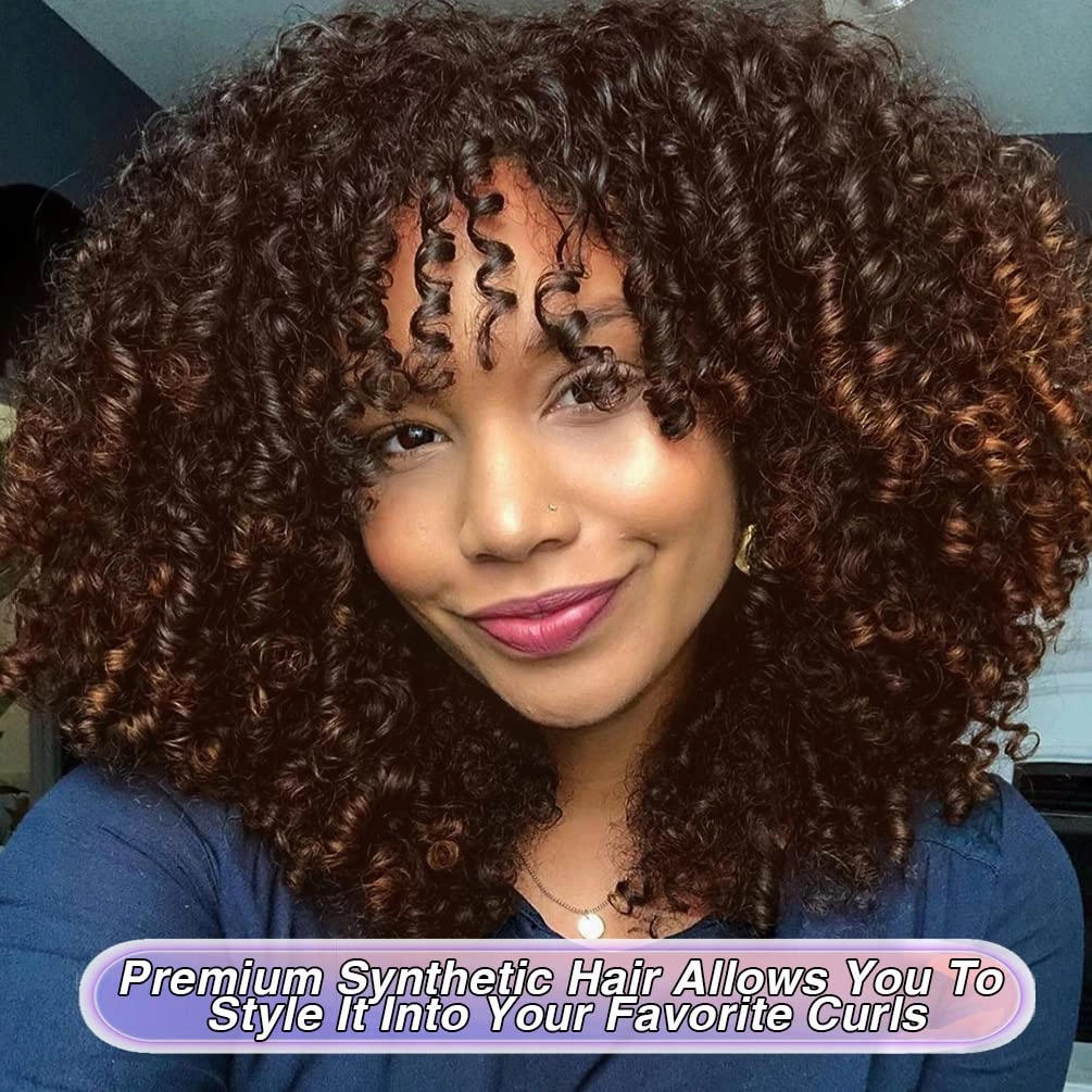 Curly Wigs for Women, 14 Inches Soft Curly Afro Wigs With Bangs, Synthetic Ombre Brown Curly Wigs, Curly Full Wig for Women (T2/30 Ombre Brown)