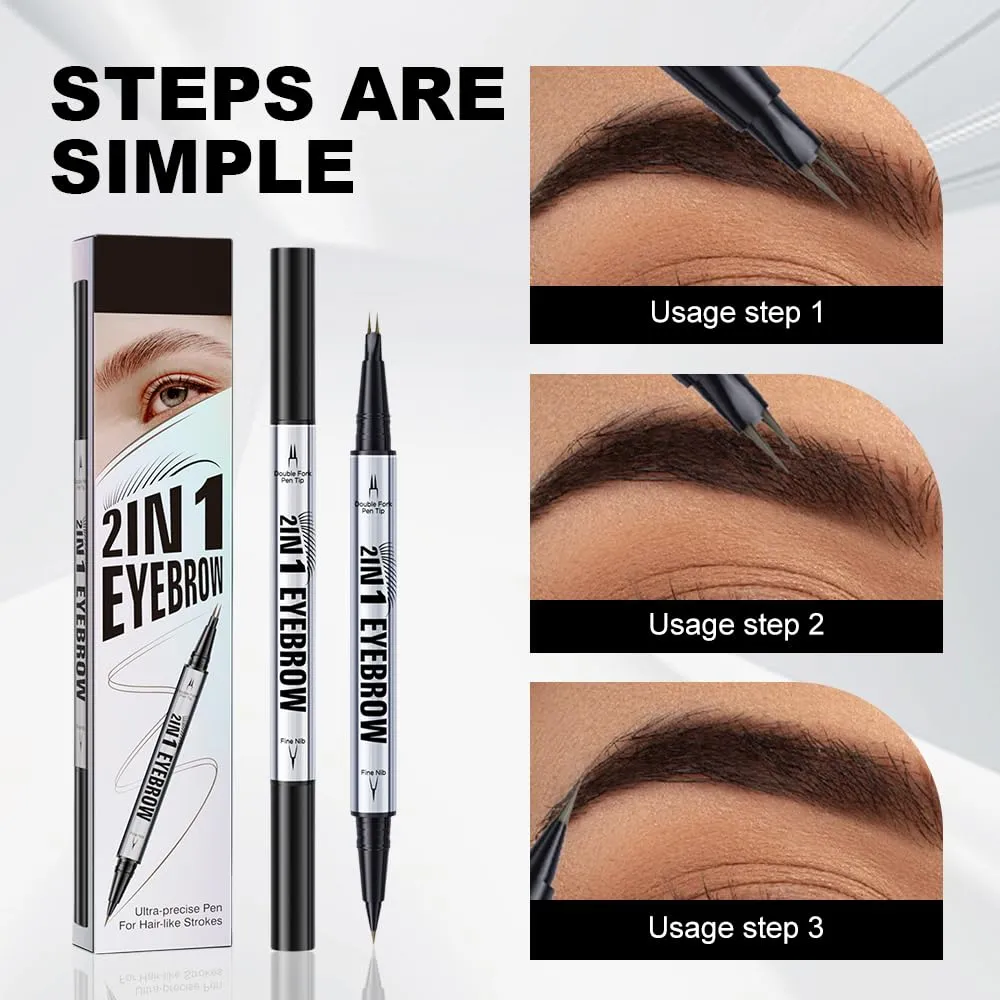 Curved Eyebrow Pen, 2025 New 2 in 1 Dual Ended Microblading Eyebrow Pencil with Micro-Fork-Tip and Precise Brush-Tip, Long-Lasting Fine Stroke Brow Pencil for Makeup Last All Day (Black brown)