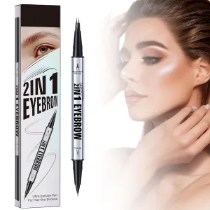 Curved Eyebrow Pen, 2025 New 2 in 1 Dual Ended Microblading Eyebrow Pencil with Micro-Fork-Tip and Precise Brush-Tip, Long-Lasting Fine Stroke Brow Pencil for Makeup Last All Day (Black brown)