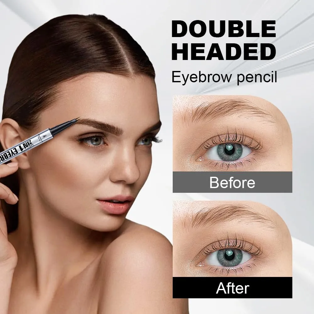 Curved Eyebrow Pen, 2025 New 2 in 1 Dual Ended Microblading Eyebrow Pencil with Micro-Fork-Tip and Precise Brush-Tip, Long-Lasting Fine Stroke Brow Pencil for Makeup Last All Day (Black brown)