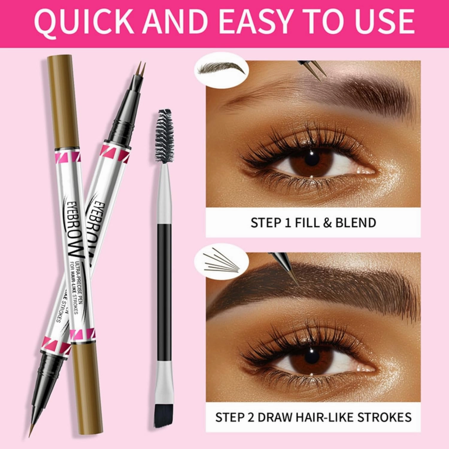 Curved Eyebrow Pen 2-in-1 Dual-Ended Microblading Eyebrow pencil and Eyeliner 3D Waterproof Eyebrow Pen Create Natural Hair Like Brows with Micro Fork Tip and Precise Brush Tip (01# 2pcs)