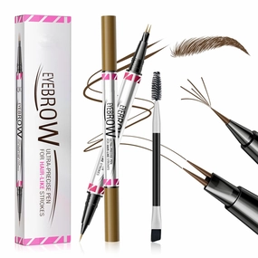 Curved Eyebrow Pen 2-in-1 Dual-Ended Microblading Eyebrow pencil and Eyeliner 3D Waterproof Eyebrow Pen Create Natural Hair Like Brows with Micro Fork Tip and Precise Brush Tip (01# 2pcs)