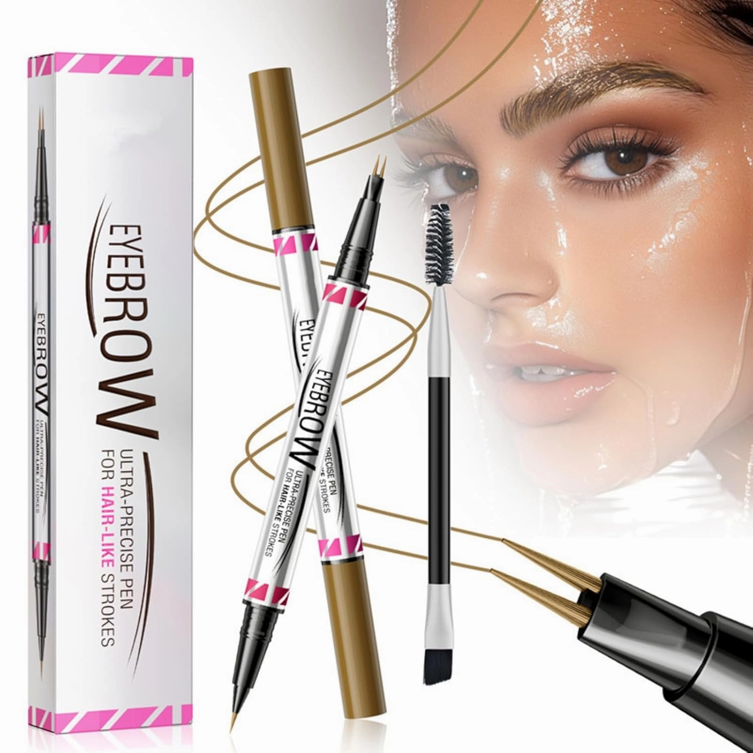 Curved Eyebrow Pen 2-in-1 Dual-Ended Microblading Eyebrow pencil and Eyeliner 3D Waterproof Eyebrow Pen Create Natural Hair Like Brows with Micro Fork Tip and Precise Brush Tip (01# 2pcs)