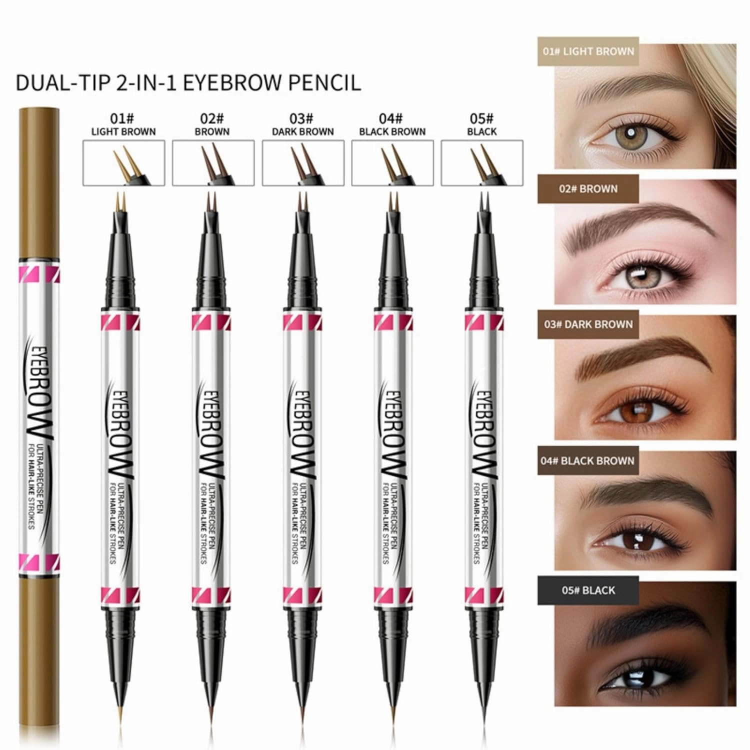 Curved Eyebrow Pen 2-in-1 Dual-Ended Microblading Eyebrow pencil and Eyeliner 3D Waterproof Eyebrow Pen Create Natural Hair Like Brows with Micro Fork Tip and Precise Brush Tip (01# 2pcs)