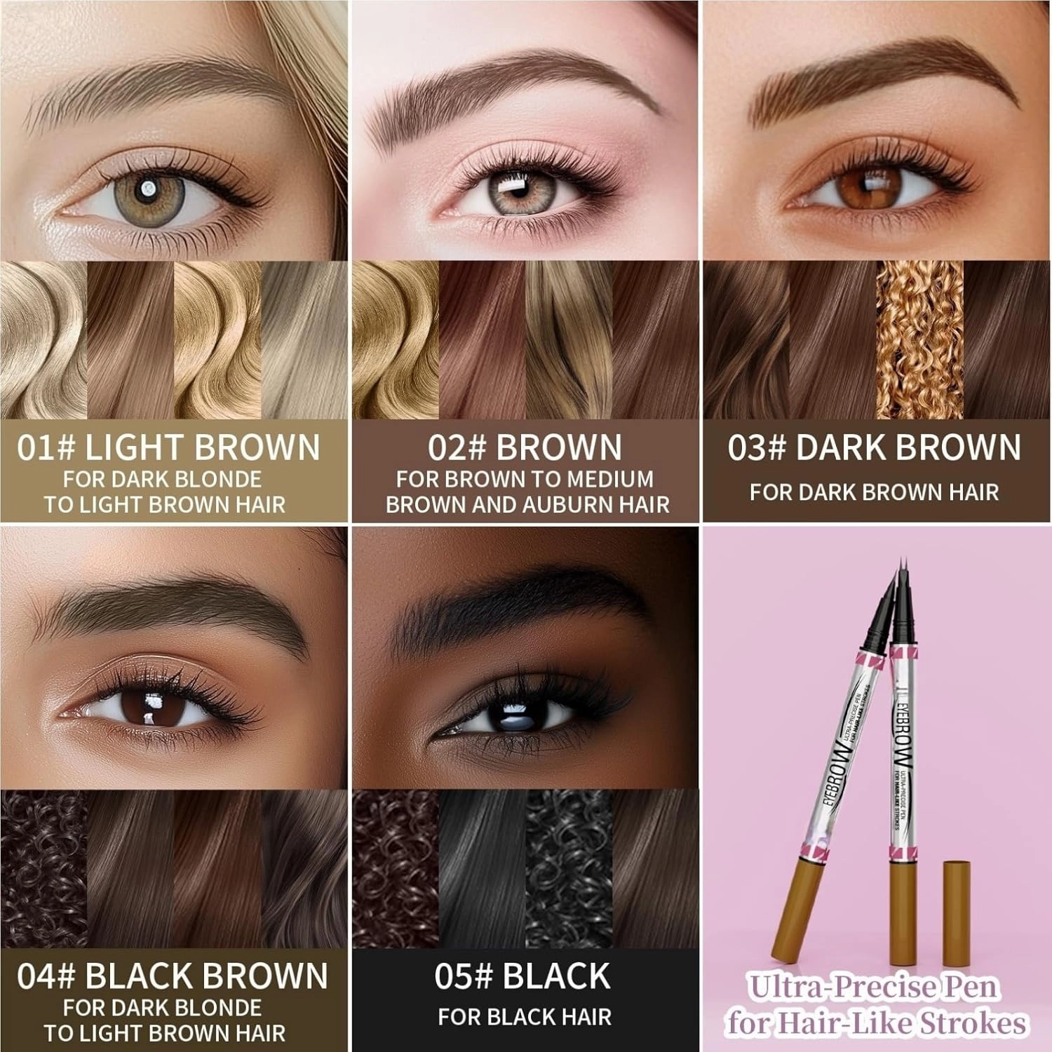 Curved Eyebrow Pen 2-in-1 Dual-Ended Microblading Eyebrow pencil and Eyeliner 3D Waterproof Eyebrow Pen Create Natural Hair Like Brows with Micro Fork Tip and Precise Brush Tip (01# 2pcs)