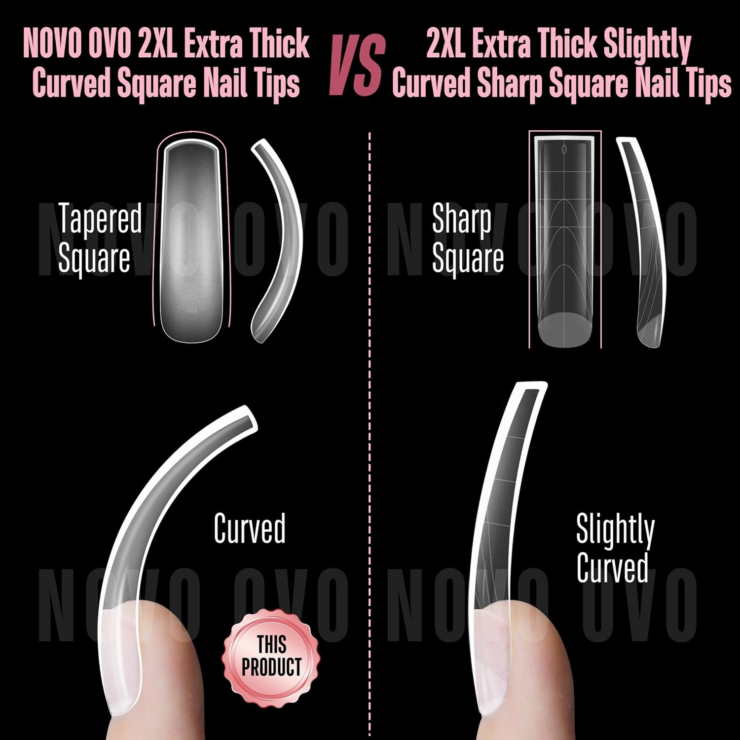 Curved Nail Tips Press on Full Cover, Extra Curve Square Gel x Thick Long XL XXL Acrylic Fake Nails Extension kit, Clear Pre-etched Soft French False Nail 12 Sizes 240pc (QUEEN SQUARE PRO)