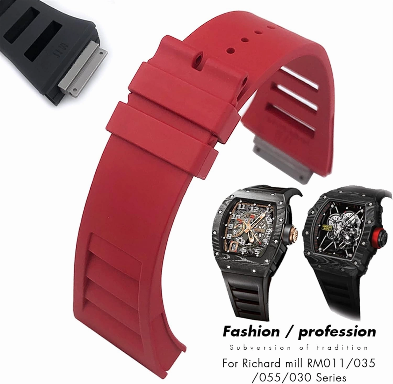 CZKE 19mm Quality Rubber Watchband Replacement for Richard Mille RM035 011 055 030 Black White Red Metal Interface Watch Strap (Color : Preto, Size : 19mm)