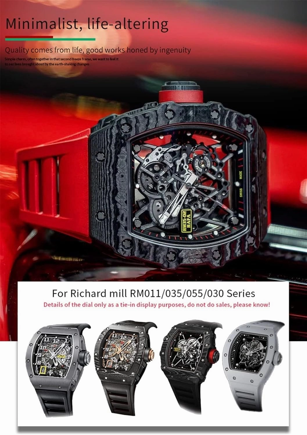 CZKE 19mm Quality Rubber Watchband Replacement for Richard Mille RM035 011 055 030 Black White Red Metal Interface Watch Strap (Color : Preto, Size : 19mm)