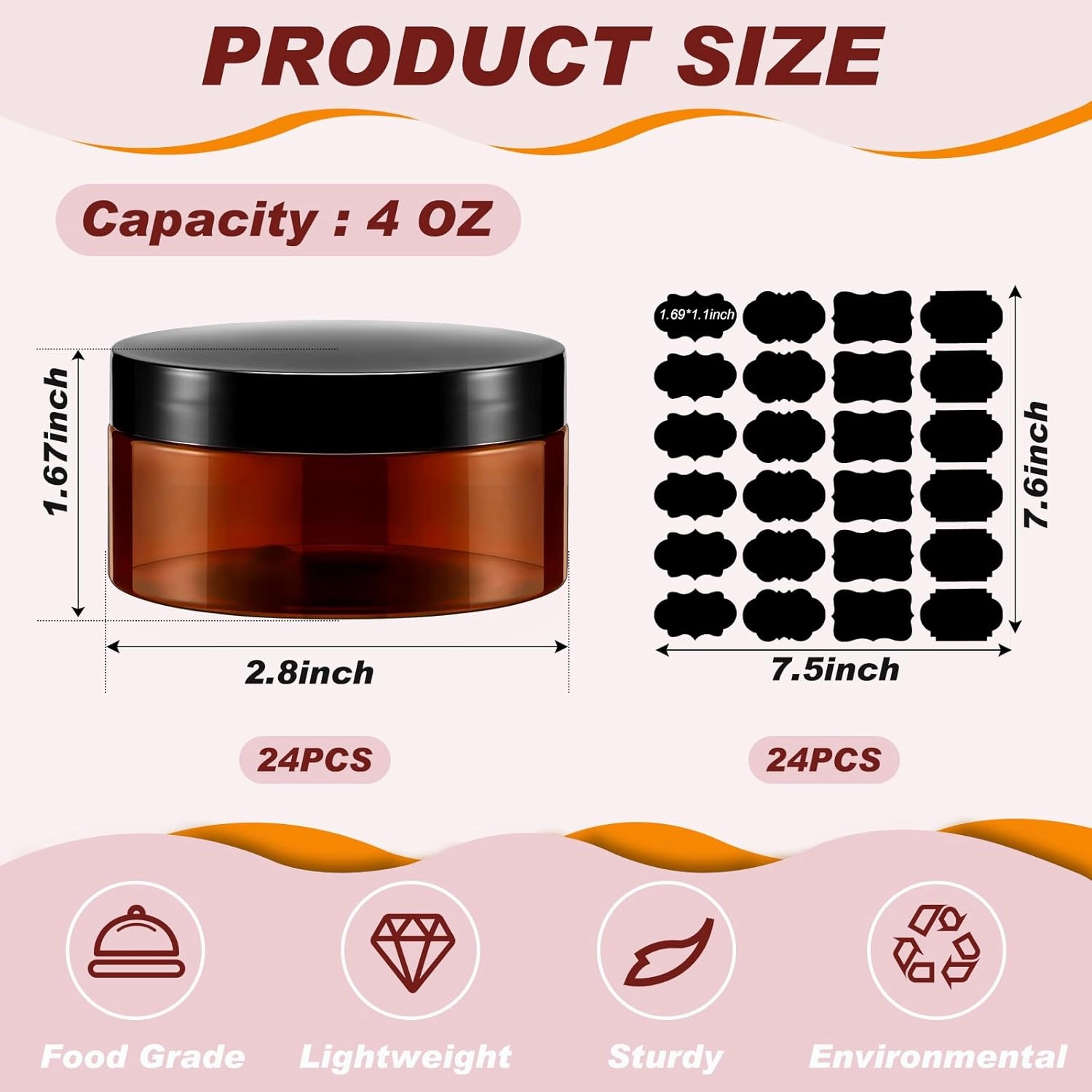 Dandat 24 Pcs 4 oz Plastic Jars with Lid and Label PET Cosmetic Containers Leak Proof Empty Cosmetic Jars Refillable Storage Travel Containers for Lotion Cream Gel Powder(Brown with Black Lids)