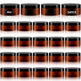 Dandat 24 Pcs 4 oz Plastic Jars with Lid and Label PET Cosmetic Containers Leak Proof Empty Cosmetic Jars Refillable Storage Travel Containers for Lotion Cream Gel Powder(Brown with Black Lids)