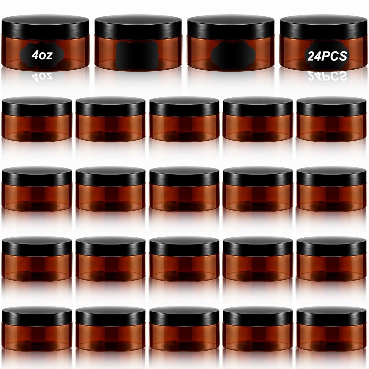 Dandat 24 Pcs 4 oz Plastic Jars with Lid and Label PET Cosmetic Containers Leak Proof Empty Cosmetic Jars Refillable Storage Travel Containers for Lotion Cream Gel Powder(Brown with Black Lids)