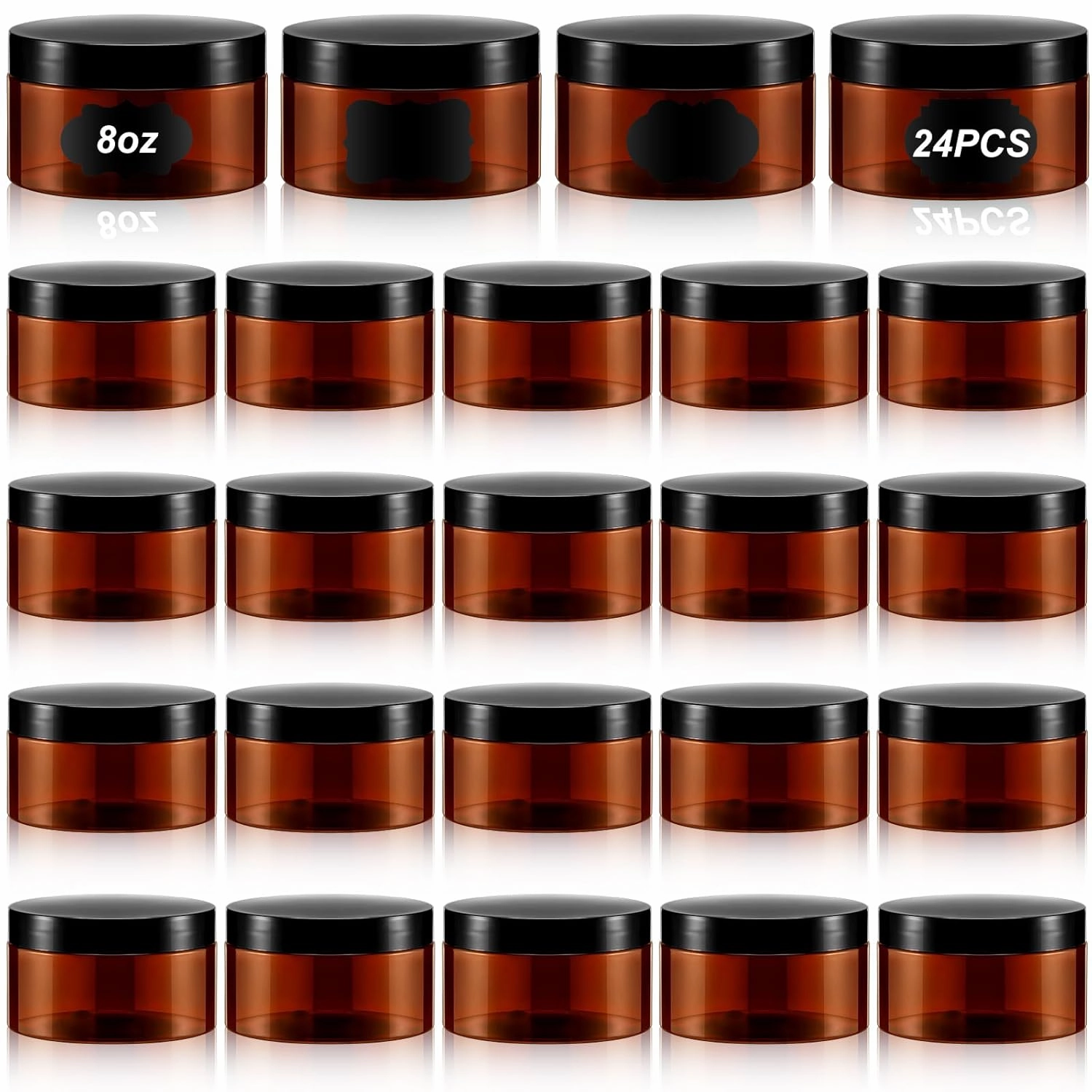 Dandat 24 Pcs 8 oz Plastic Jars with Lid and Label PET Cosmetic Containers Leak Proof Empty Cosmetic Jars Refillable Storage Travel Containers for Lotion Cream Gel Powder(Amber)