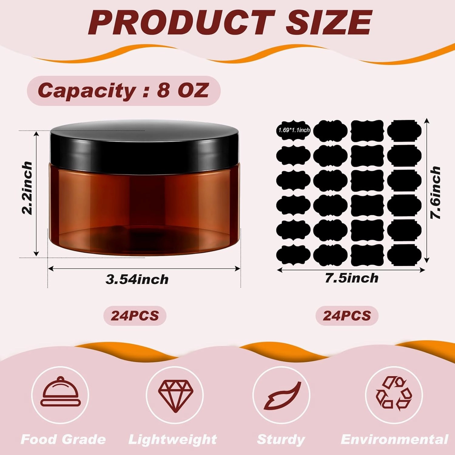 Dandat 24 Pcs 8 oz Plastic Jars with Lid and Label PET Cosmetic Containers Leak Proof Empty Cosmetic Jars Refillable Storage Travel Containers for Lotion Cream Gel Powder(Amber)