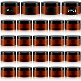 Dandat 24 Pcs 8 oz Plastic Jars with Lid and Label PET Cosmetic Containers Leak Proof Empty Cosmetic Jars Refillable Storage Travel Containers for Lotion Cream Gel Powder(Amber)