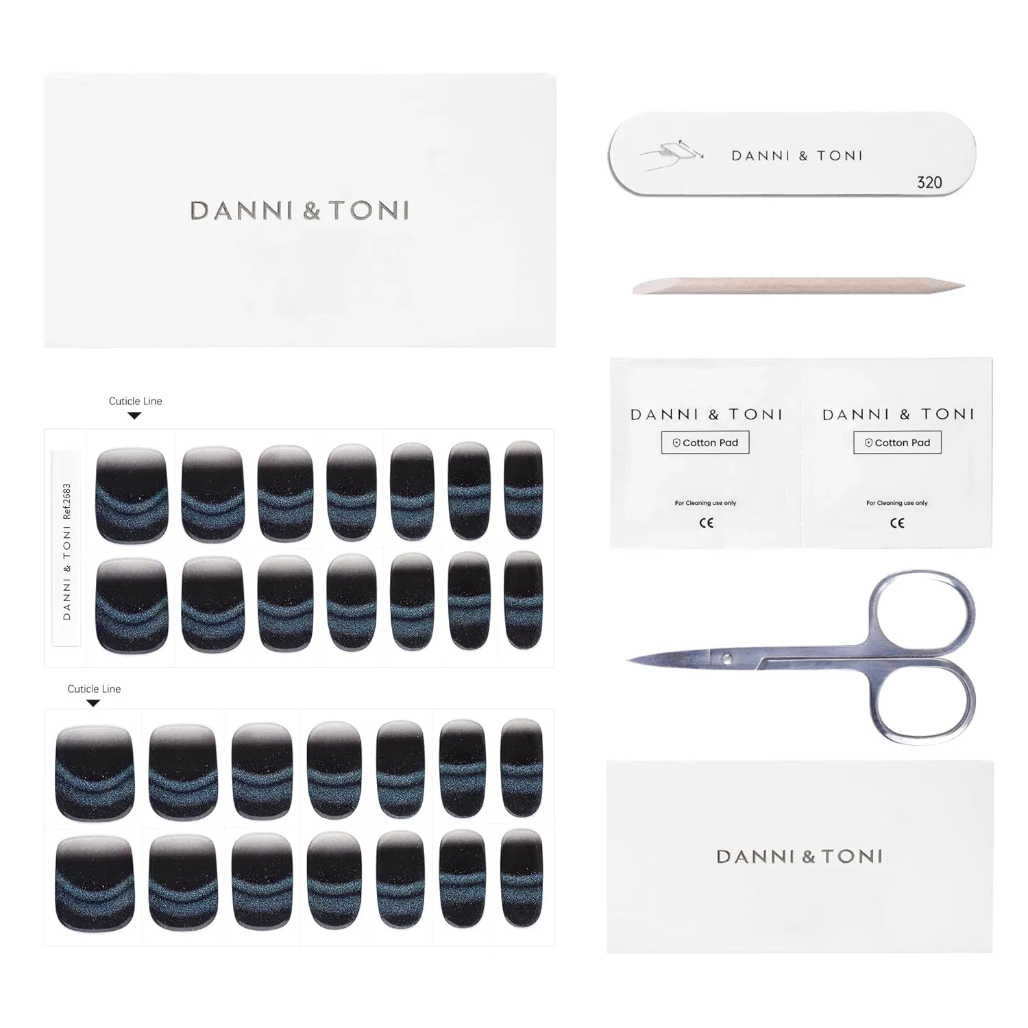 DANNI & TONI Gel Nail Strip Black Semi Cured Nail Stickers Cat Eye (Onyx Glimmer) Gel Wraps UV Nails 28 Stickers