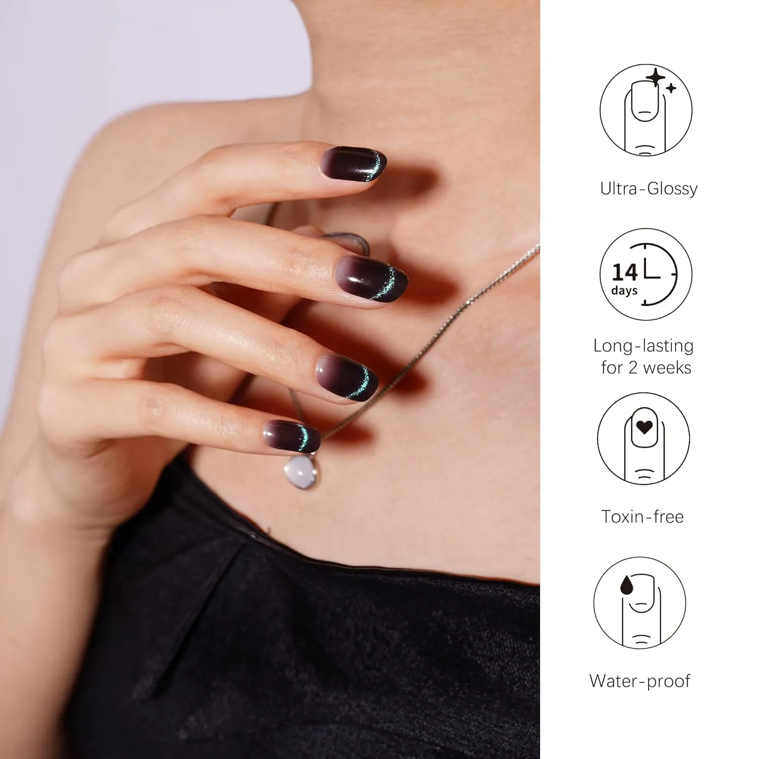 DANNI & TONI Gel Nail Strip Black Semi Cured Nail Stickers Cat Eye (Onyx Glimmer) Gel Wraps UV Nails 28 Stickers