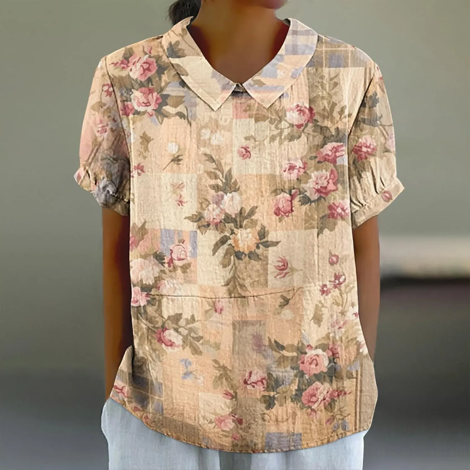 DASAYO Cute Tops for Women Peter Pan Collar Short Sleeve Linen Shirts Plus Size Floral Blouses Dressy Casual Summer Clothes