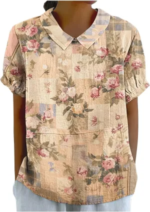 DASAYO Cute Tops for Women Peter Pan Collar Short Sleeve Linen Shirts Plus Size Floral Blouses Dressy Casual Summer Clothes