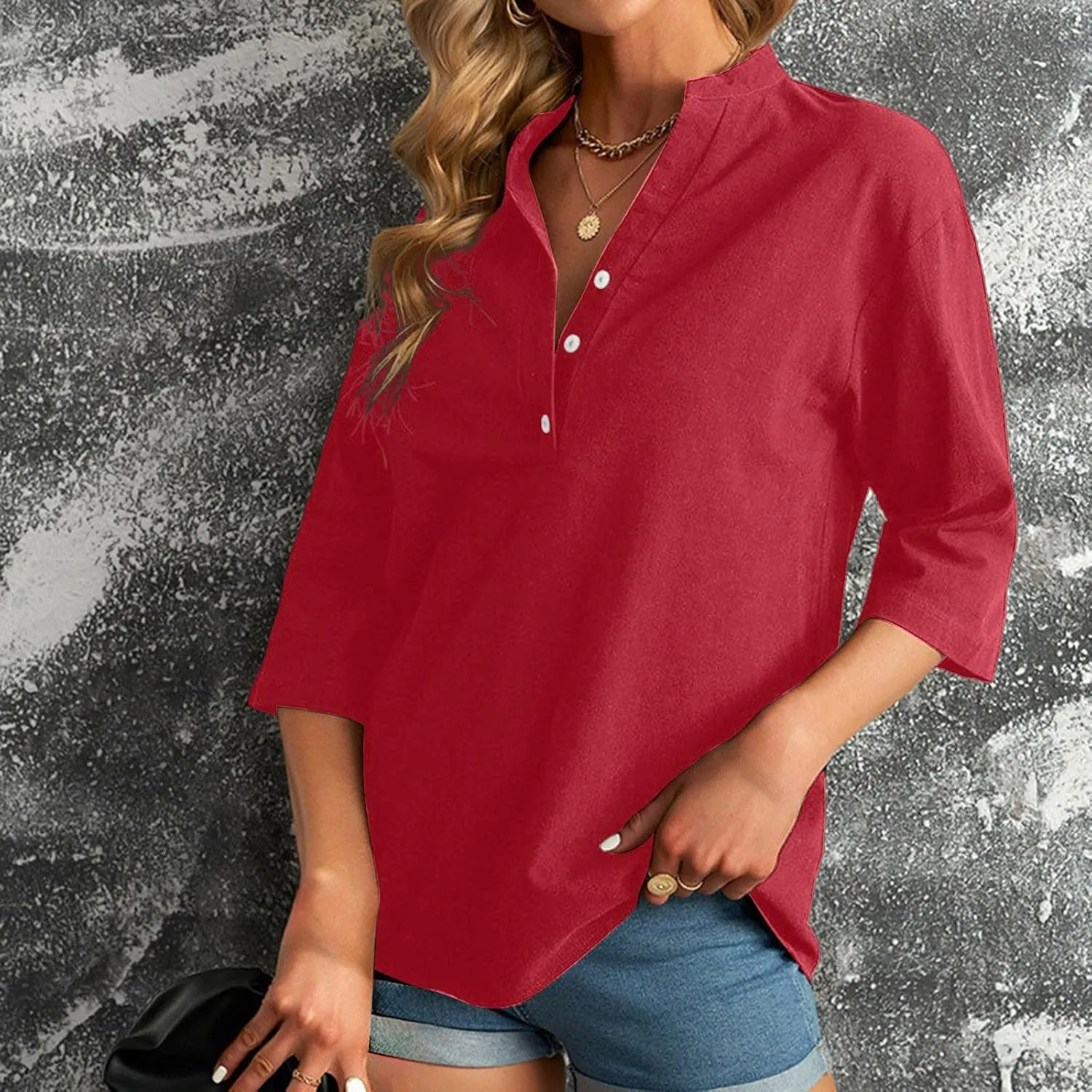 DASAYO Women's Casual 3/4 Length Sleeve Shirts Solid Color V Neck Button up Blouse Loose Fit Spring Summer Outfits