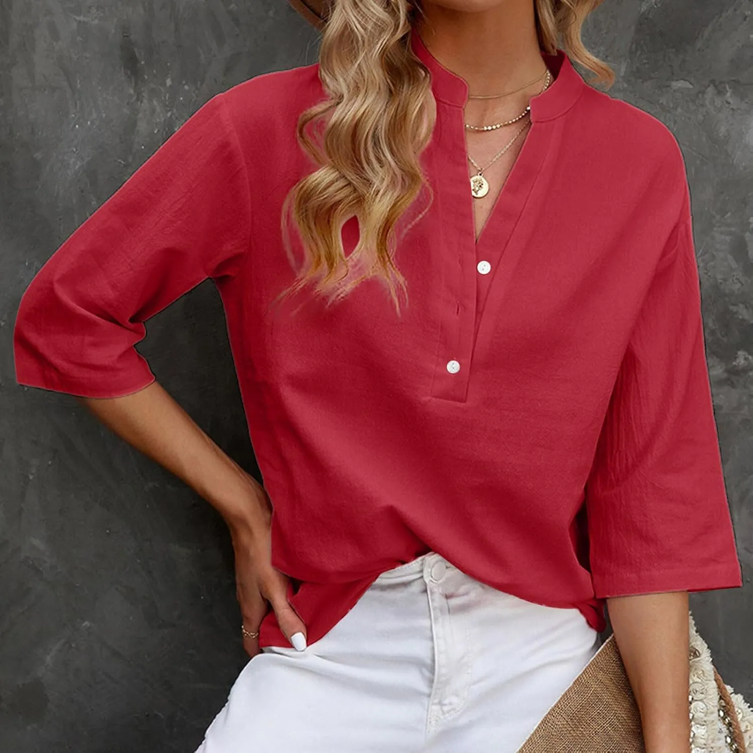 DASAYO Women's Casual 3/4 Length Sleeve Shirts Solid Color V Neck Button up Blouse Loose Fit Spring Summer Outfits