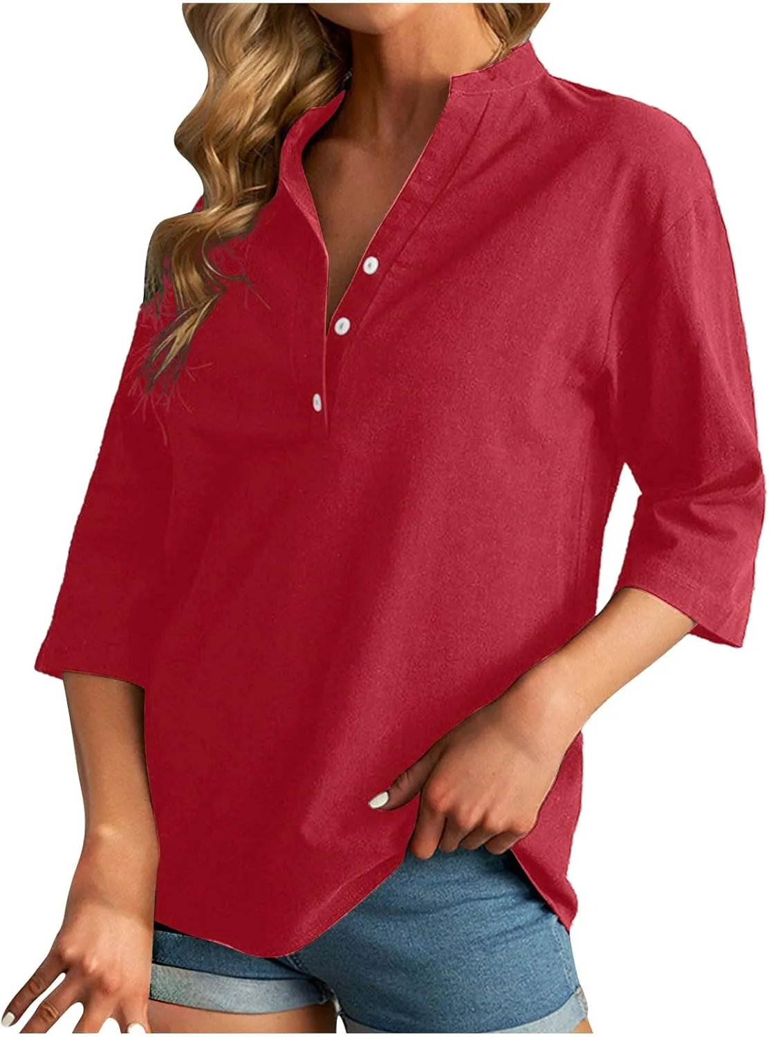 DASAYO Women's Casual 3/4 Length Sleeve Shirts Solid Color V Neck Button up Blouse Loose Fit Spring Summer Outfits