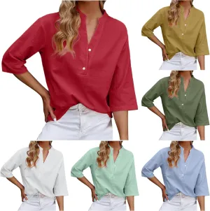 DASAYO Women's Casual 3/4 Length Sleeve Shirts Solid Color V Neck Button up Blouse Loose Fit Spring Summer Outfits
