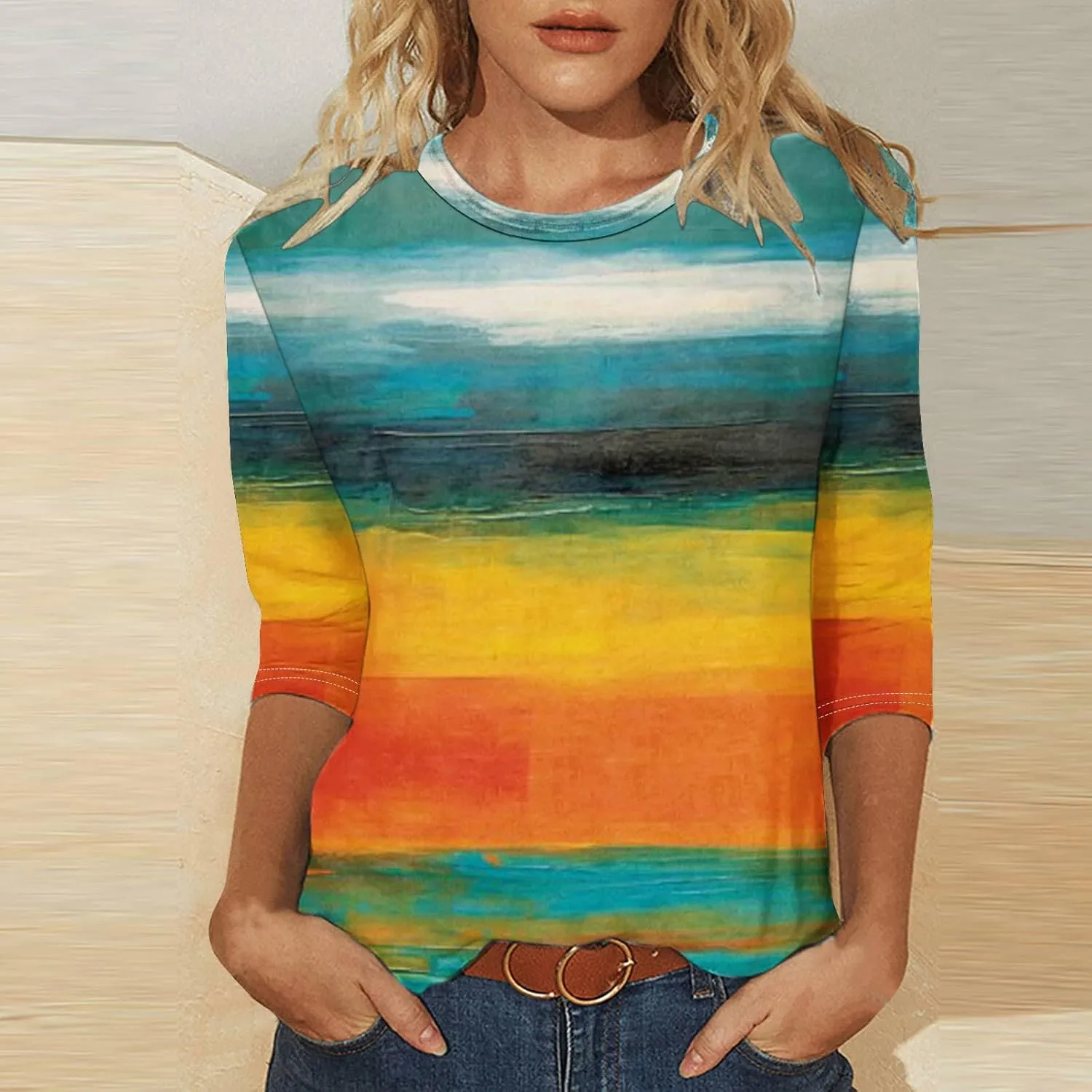 DASAYO Womens Fashion 2024 3/4 Sleeve Shirts Crewneck Casual Plus Size Tops for Women Trendy Tie Die Print Going Out Tops