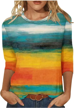 DASAYO Womens Fashion 2024 3/4 Sleeve Shirts Crewneck Casual Plus Size Tops for Women Trendy Tie Die Print Going Out Tops