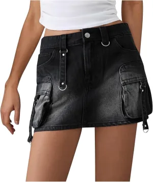 Denim Skort Skirts for Women Casual Mini Jean Skirt Stretch Low Waisted Zip Fly Cargo Denim Skirt Streetwear