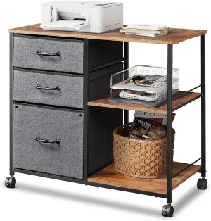 DEVAISE 3 Drawer Mobile File Cabinet, Rolling Printer Stand with Open Storage Shelf, Fabric Lateral Filing Cabinet fits A4 or Letter Size for Home Office, Rustic Brown