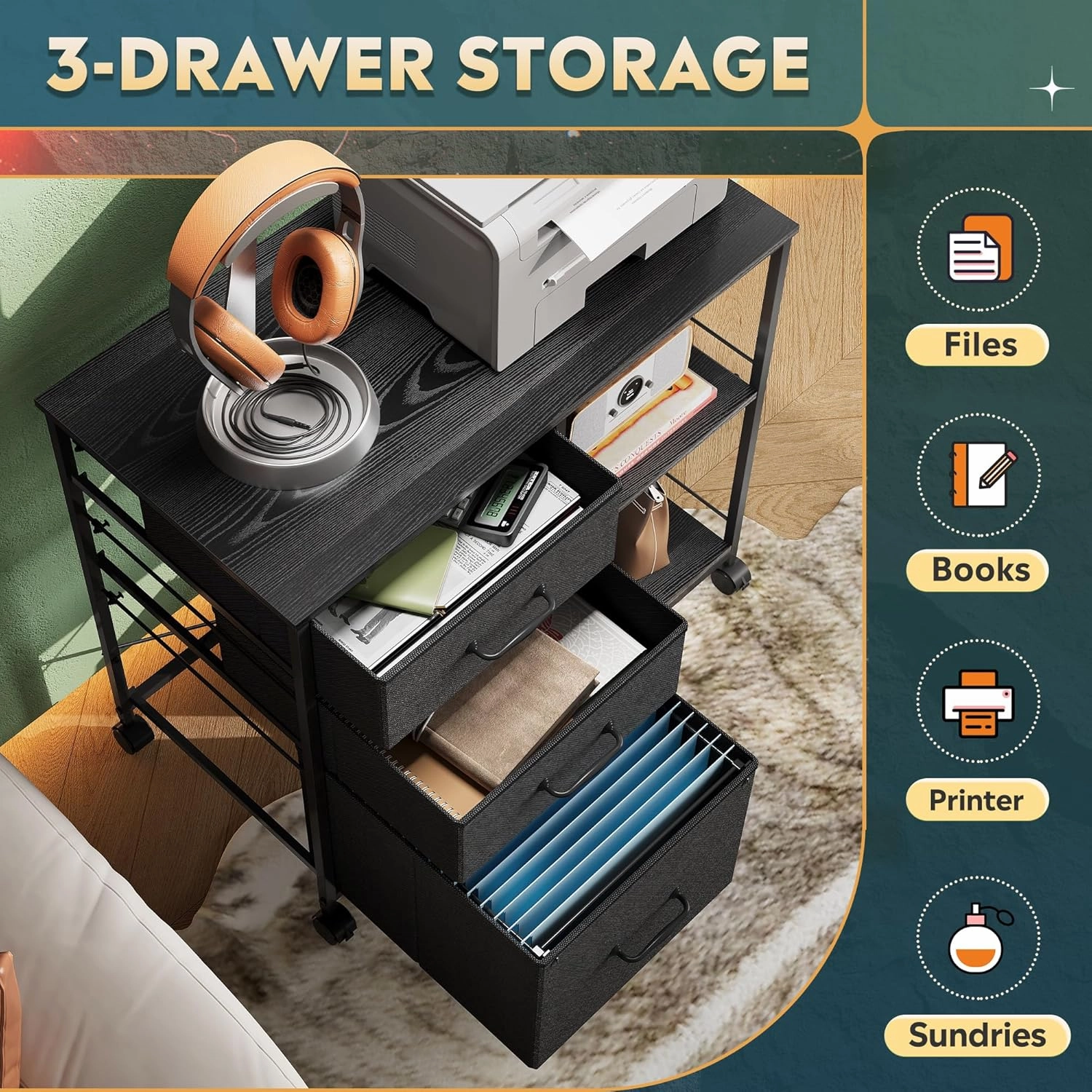 DEVAISE 3 Drawer Mobile File Cabinet, Rolling Printer Stand with Open Storage Shelf, Fabric Lateral Filing Cabinet fits A4 or Letter Size for Home Office, Black