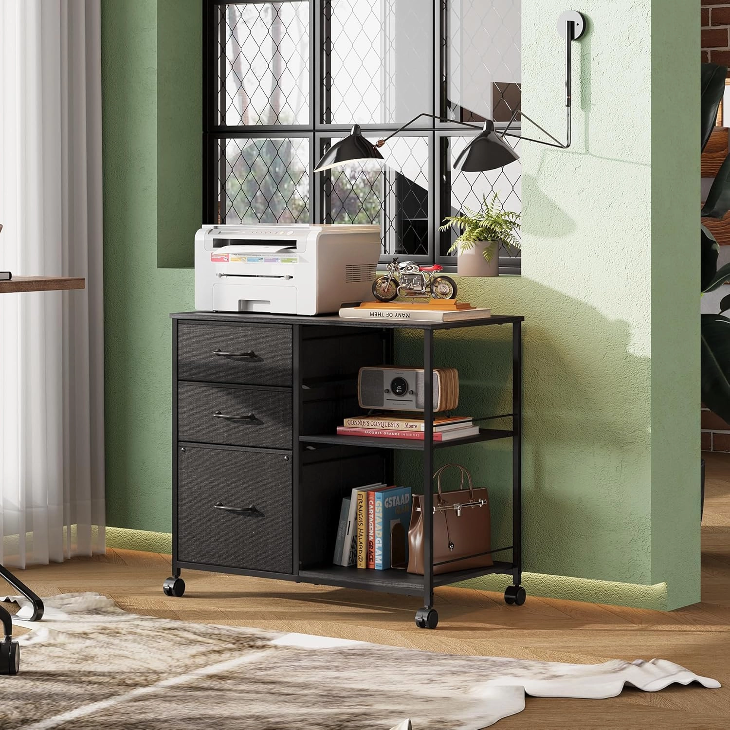 DEVAISE 3 Drawer Mobile File Cabinet, Rolling Printer Stand with Open Storage Shelf, Fabric Lateral Filing Cabinet fits A4 or Letter Size for Home Office, Black