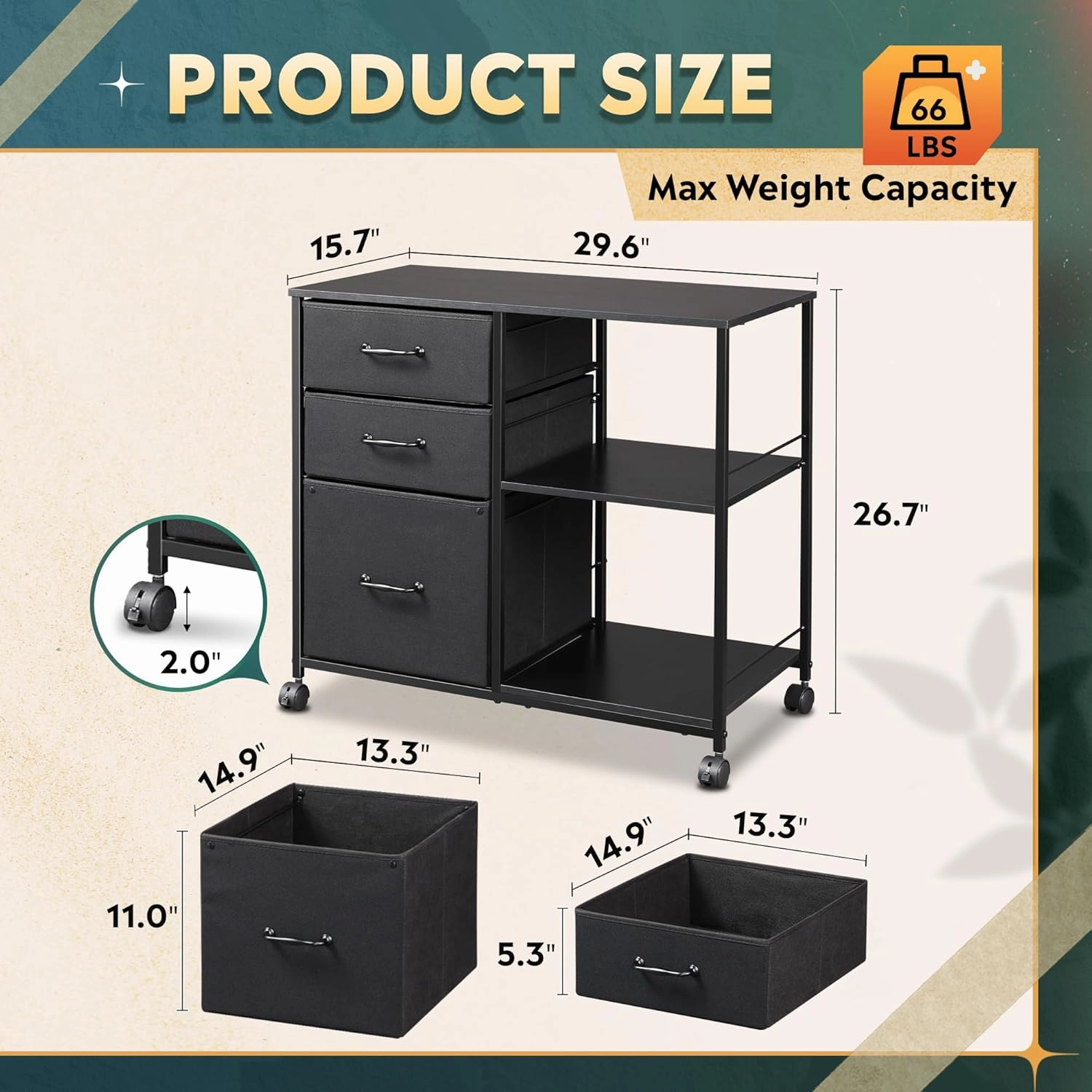 DEVAISE 3 Drawer Mobile File Cabinet, Rolling Printer Stand with Open Storage Shelf, Fabric Lateral Filing Cabinet fits A4 or Letter Size for Home Office, Black