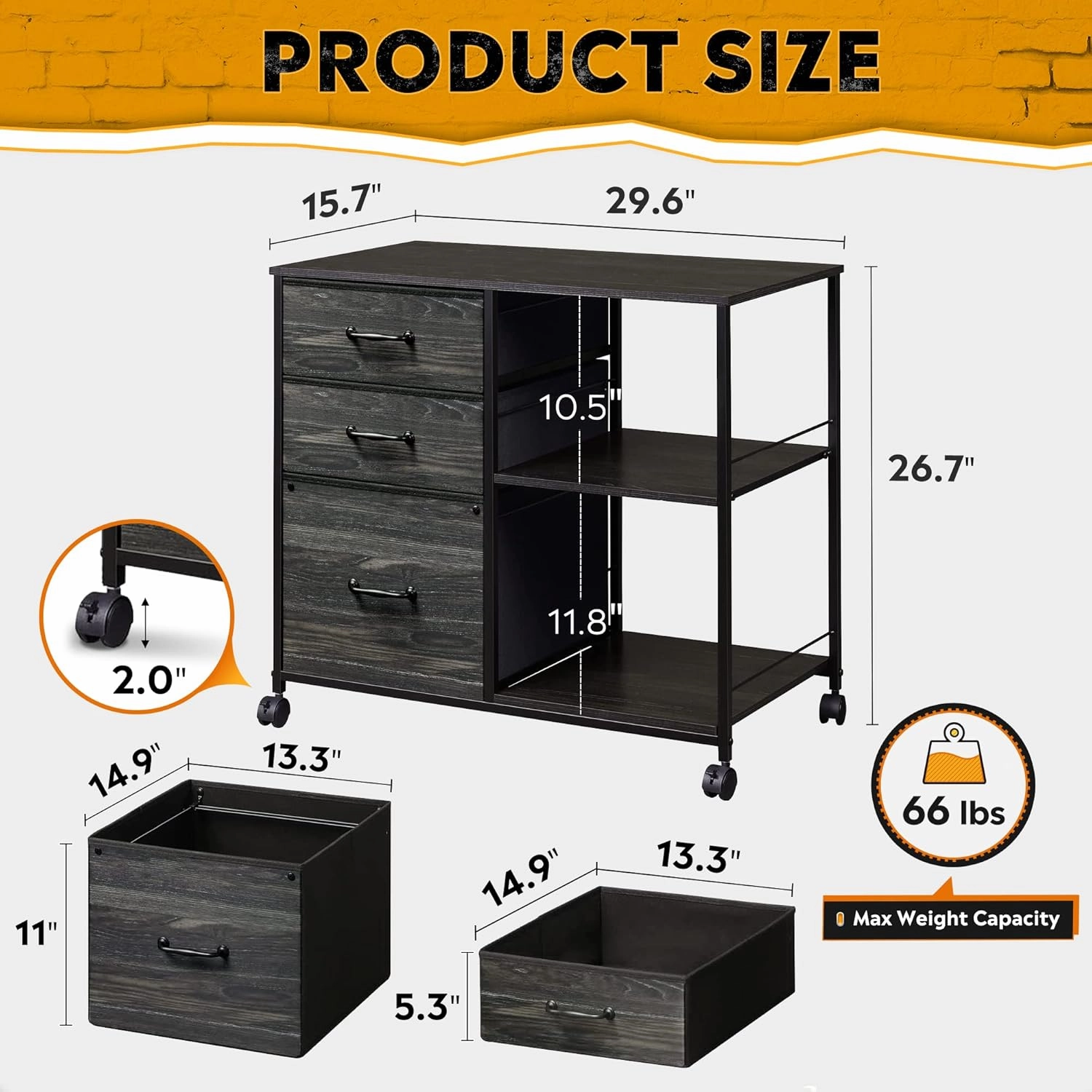 DEVAISE 3 Drawer Mobile File Cabinet, Rolling Printer Stand with Open Storage Shelf, Fabric Lateral Filing Cabinet fits A4 or Letter Size for Home Office, Charcoal Black Wood Grain Print