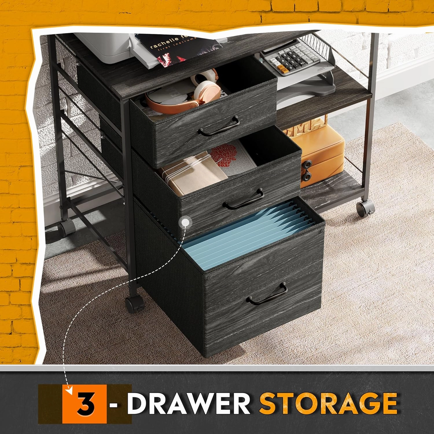 DEVAISE 3 Drawer Mobile File Cabinet, Rolling Printer Stand with Open Storage Shelf, Fabric Lateral Filing Cabinet fits A4 or Letter Size for Home Office, Charcoal Black Wood Grain Print