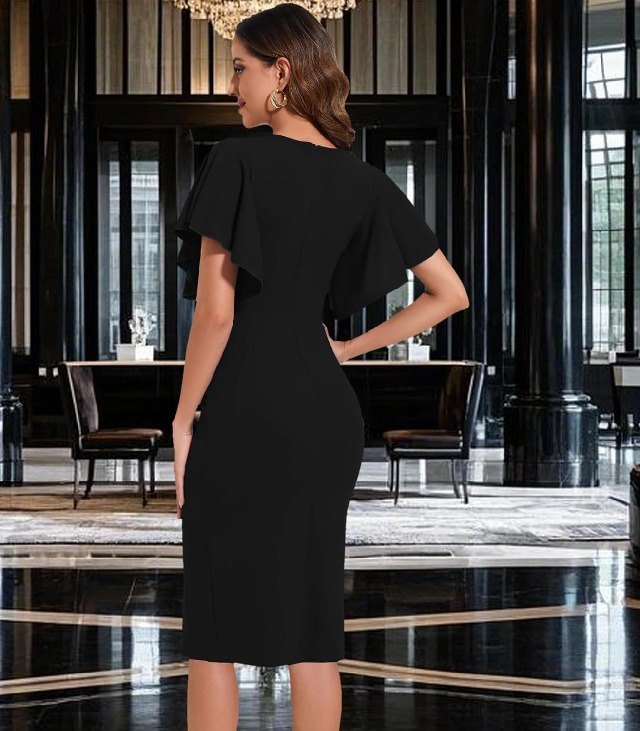 DinyIn Women's Summer Church Dress Elegant Short Sleeve Wear to Work Business Outfits Bodycon Party Pencil Midi Dresses