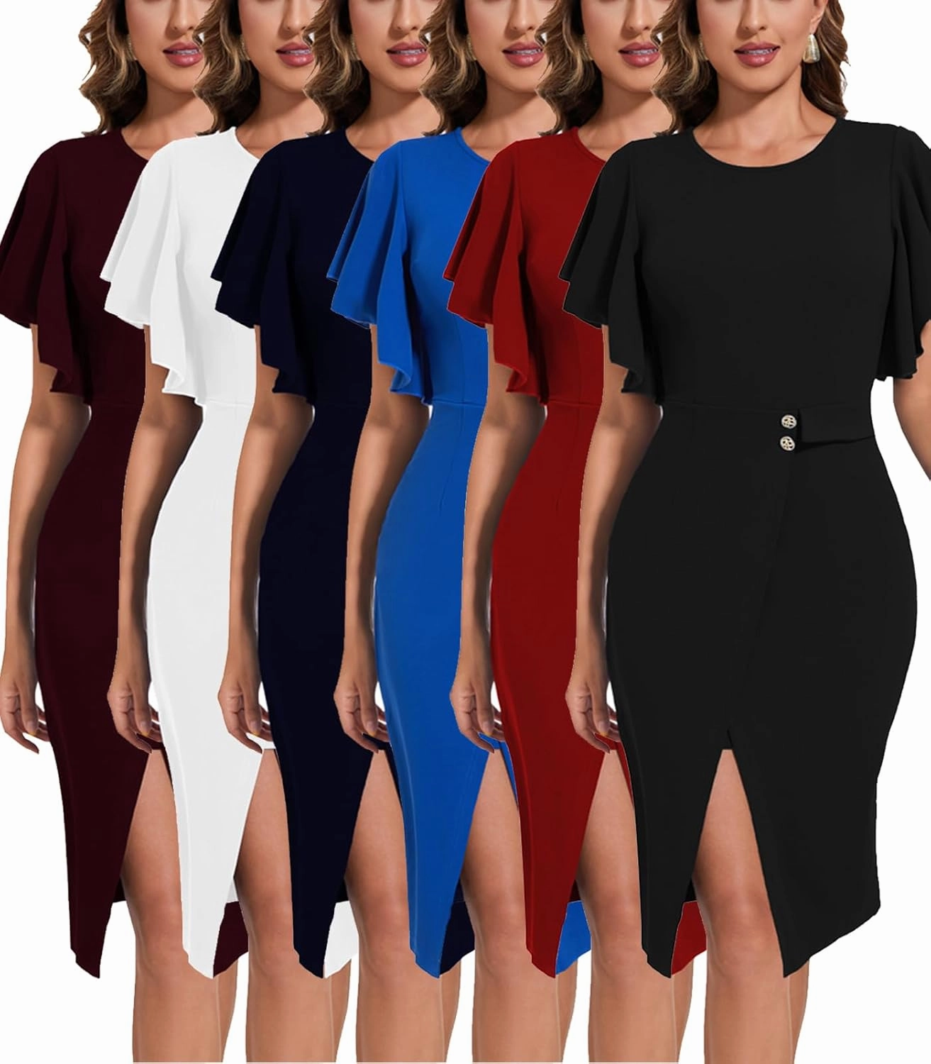 DinyIn Women's Summer Church Dress Elegant Short Sleeve Wear to Work Business Outfits Bodycon Party Pencil Midi Dresses