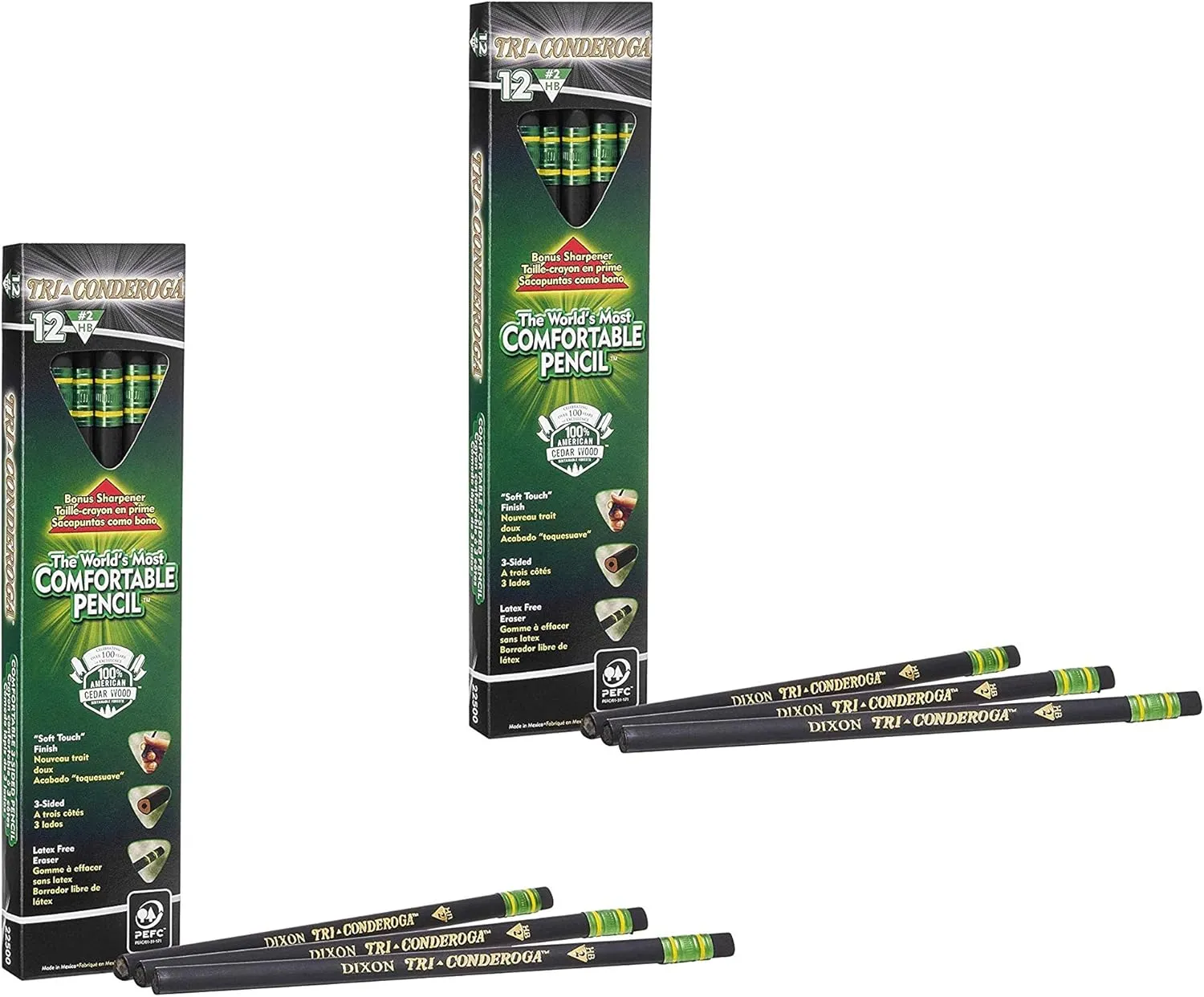 Dixon Tri-Conderoga Triangular #2 Pencils, Wood-Cased, Black, 2 Packs of Pack of 12 (22500) (Bundle)